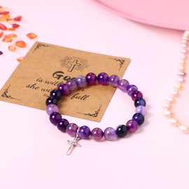 Cupimatch Bead Bracelet Women's Christian Cross: Religious Bracelet for Women Stretch Cross Natural Stone Onyx Beads Catholic Gifts with Card for Girls Teens Women, Stone