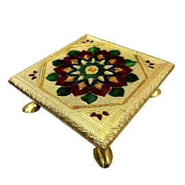 zig zag Wooden Minakari Pooja Chowki | Decorative Wooden Bajot | Flower Choki for Pooja at Home, Wedding, Festivals & Gifts, 5 Inch Golden