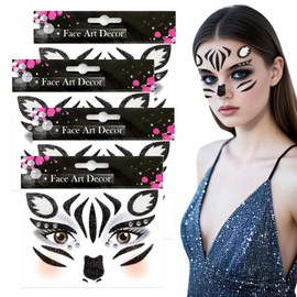 TUONYIS 4 Sheets Face Sticker Animal Face Tattoos for Kids Adults Waterproof Animal Temporary Tattoos Stickers, Zebra Face Art and Tattoo Stickers for Birthday Party Stage Carnival Cosplay (Black)