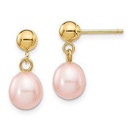 14K Yellow Gold 6-7mm Pink Rice Freshwater Cultured Pearl Dangle Post Earrings