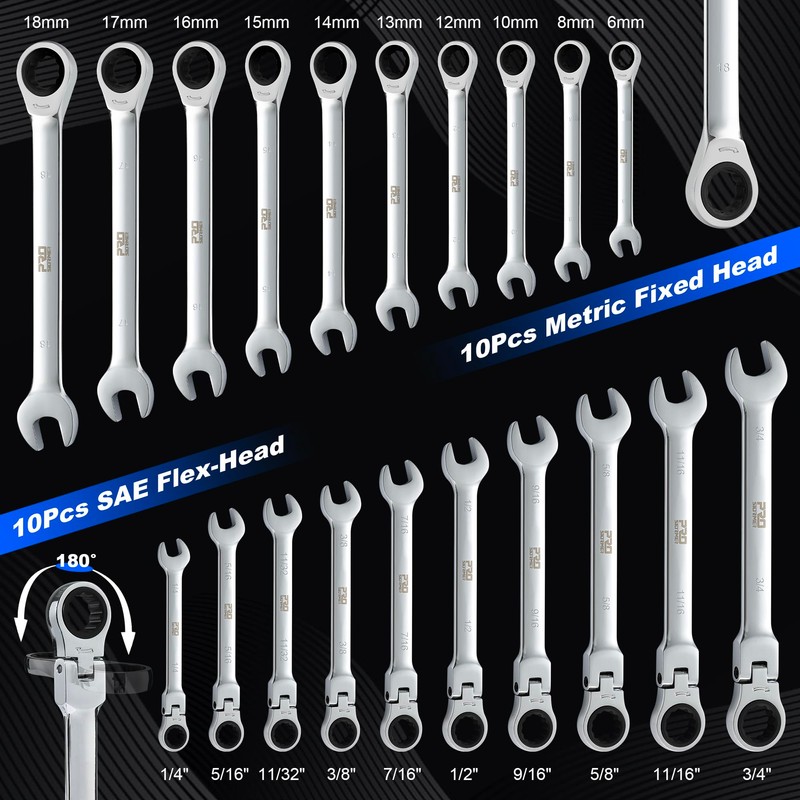 Prostormer Ratcheting Combination Wrench Set, 20-Piece SAE & Metric Wrench