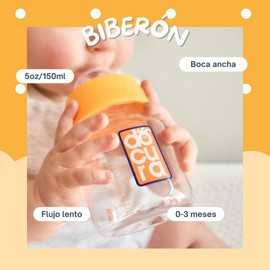 DOCURA - Mamila Para Bebé De 5 oz/150ml Con Boca Ancha, Biberón Con Flujo Lento De Silicón Líquido, Anti cólicos, Libre de BPA, Naranja