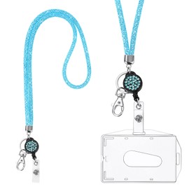 Vicloon Crystal Lanyard Necklace, Crystal Lanyard Necklace with Transparent ID Holder, Key Ring Band, ID Card Holder Badge Kit for Key Chain and ID Light Blue