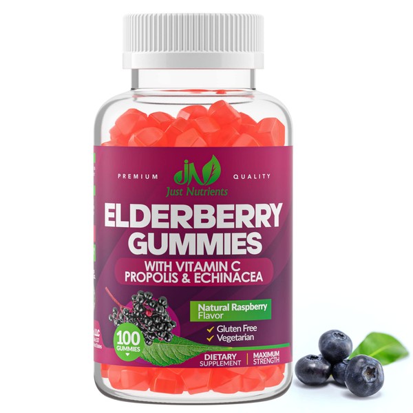 Elderberry Sambucus Gummies with Vitamin C, Echinacea, Propolis (100 count) - Immune Support for Adults & Kids - Extra Strength, Great Tasting Raspberry Flavor - Gluten-Free, Vegan - 100 Gummies