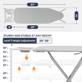 STO STO Ironing Board 45" x 14" with Iron Holder, Adjustable Height 29" to 36", Full Size Foldable Iron Board with Silver Coated Cotton Removable Cover, Sturdy Steel Frame and Legs, Gray Checkered