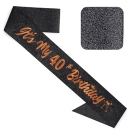 LHPYQ It's My 40th Birthday Sash with Rose Gold Foil Lettering - Sparkling Black Glitter 40th Birthday Satin Sash for Women - Forty Years Old Birthday Party Decorations Accessories