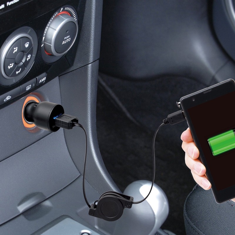 セイワ(SEIWA) 車内用品 スマホ充電ケーブル 2.4A ブラック D410 コードリールタイプ