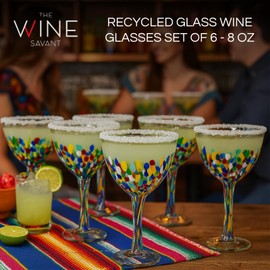 Recycled Glass Wine Glasses - Mexican Set of 6, Luxury Hand Blown for Wine and Water (8 Ounces Each) - Cobalt Cinco De Mayo Confetti Glasses