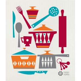 Trendy Tripper Jenn Ski Reusable Swedish Dishcloths MID-CENTURY MODERN ABSTRACT Designs Set of 4 (4 Retro Orange + Pink)