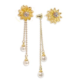 Sonateomber Citrine Sunflower Stud Pearl Drop Dangle Earrings for Women Teen Girls, Cute Sparkly Iridescent Rhinestone CZ Daisy Flower Floral Spin Earings Dangling Prom Birthday Wedding Accessories Statement Jewelry Gifts