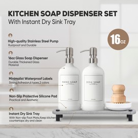 NEECZS Kitchen Soap Dispenser Set with Instant Dry Tray,16 Oz Hand and Dish Soap White Glass Dispenser Set,Stainless Steel Pump,Waterproof Labels&Dish Brush,Luxury Soap Bottle for Kitchen,Bathroom