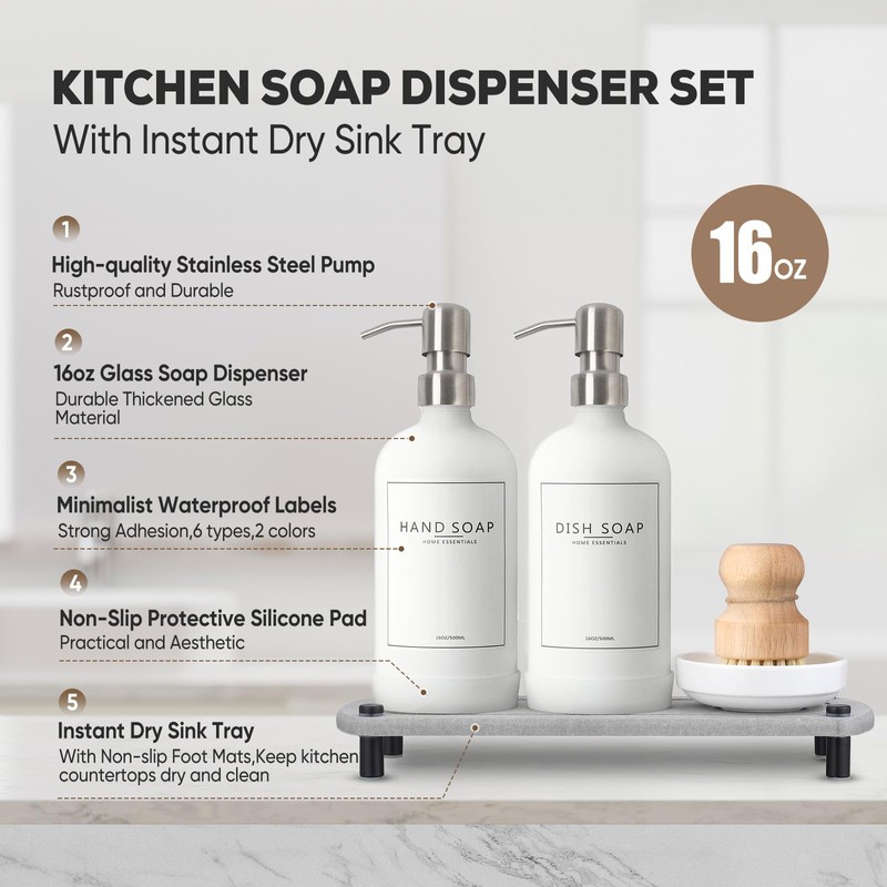 NEECZS Kitchen Soap Dispenser Set with Instant Dry Tray,16 Oz
