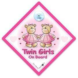 Twin Girls On Board Car Sign, Baby On Board Sign, Grandchild On Board Car Window Sign, High Visibility Advisory Car Sign Designed to Let Other Road Users Twins are on board, 14 cm x 14cm x 2cm