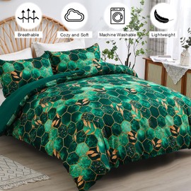 DJY Green Geometric Duvet Cover Golden Leaves Reversible Bedding Set, Soft and Breathable Lightweight Duvet Sets 3 Pieces With Zipper Closure (Double, 200x200cm)