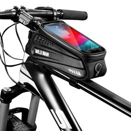 WILD MAN Rainproof Bicycle Front Frame Bike Bag with Touch Screen Phone Mount for Road Mountain Bike（Black,ES3）