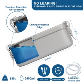 Feelhap Stainless Steel Lunch Box with 2 Compartments, 2400 ml Adult Lunch Box with Carry Bag, Foldable Spoon, Fork, Leak-Proof Metal Lunch Box for Adults, Stainless Steel Lunch Box with Divider