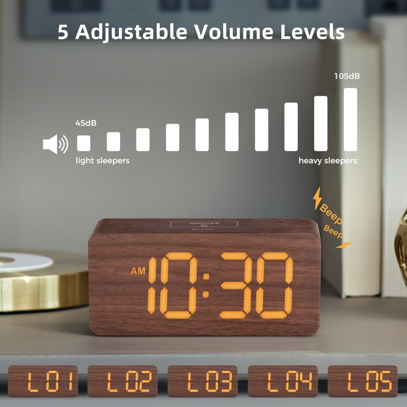 uscce Wooden Digital Alarm Clocks for Bedrooms: Dimmable Dual Alarm