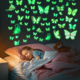 64Pcs Luminous Stickers Glow in The Dark Butterfly Wall Stickers Small Glow in The Dark Sticker Butterflies for Boys Girls for Kids Bedrooms, Kids Butterfly Wall Decor Green