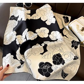 JERLA - Bufanda cuadrada de seda de morera 100% pura para el cabello, 27 x 27 pulgadas, pañuelo de seda natural para mujeres y hombres, Camelia negra y blanca de sarga, 26.7”*26.7”