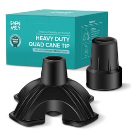 EVENABLY Heavy Duty Quad Cane Tip with Metal Insert - Durable Self-Standing Base Replacement for Most Walking Canes and Sticks - Universal Compatibility (1 Quad Tip + 1 Single Tip)