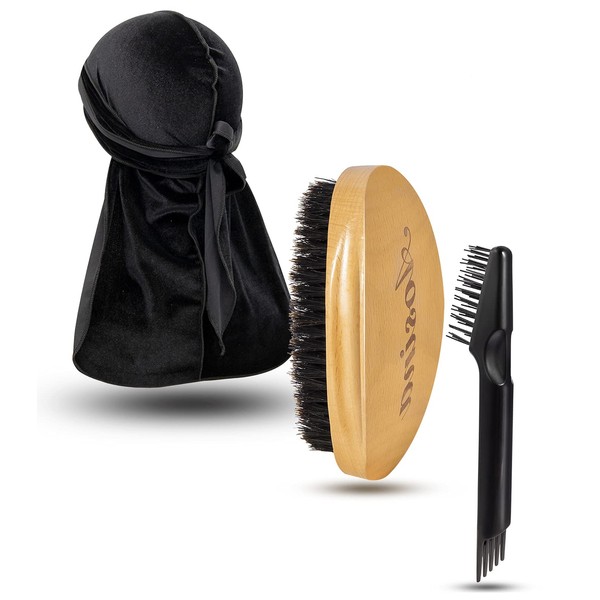 Wave Brush and Black Velvet Durag Kit for Waves Boar Bristle Hair Brush Set for Men by Aosina #360