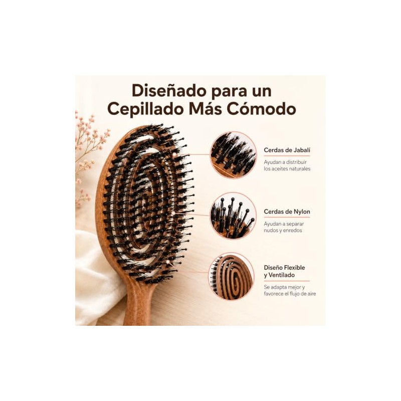 Cepillo para Cabello Desenredante de Madera con Cerdas de Jabalí
