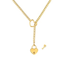 Dtexhif Heart Lock Slip Chain Necklace for Women Men Stainless Steel Cuban Chain Long Necklace Punk Rock Collar Necklace Adjustable Lariat Y Necklace Heart Lock with Key (Gold lock)