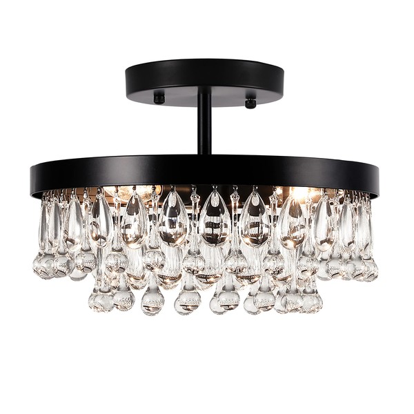 SEOL-Light Vintage Black Crystal Drops Large Close to Ceiling Light Round Tiered Chandeliers Flush Mount for Entryway,Kitchen,Hallway,Dimmable,3 Light,120W,E12,15 Dia*6" H;
