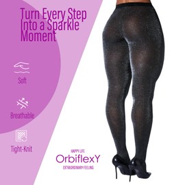 OrbiflexY Women's Plus Size Sparkly Metallic Shimmer Tights, 50D High Waist Glitter Pantyhose for Party/Evening Wear (XX-Large, Black(silver))