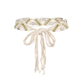 TeeYee Women's Boho Style Dress Waist Belt Tassel Belt Rope Braid Wooden Beads Waistband Tie Belt Narrow Belt, Beige-270