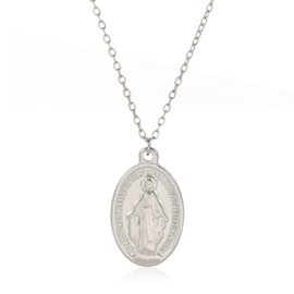 kkjoy Miraculous Medal Madonna Pendant Necklace Stainless Steel Oval Shape Virgin Mary Pendant Necklace Religious Jewelry Holy Communion Christening Gift