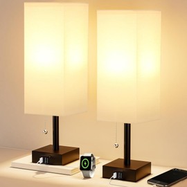 Clora Bedside Table Lamp with 3 Color Temperatures USB Charging Ports Pull Chain Nightstand Lamp for Living Room Bedroom Reading Work Office (White-2pack)