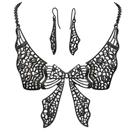 Gypsy Jewels Bow Butterfly Sweet Lace Look with Rhinestones Boutique Statement Necklace Earrings Set - Assorted Colors (Black)