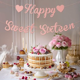 Happy Sweet Sixteen Banner, Pre-Strung Happy Sixteen Party Signs Decorations, Glitter Banner for Girls Birthday Party Decorations (Rose Gold)