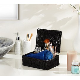 Woodluv Storage Boxes with lid, Storage Baskets Woven storage baskets for shelves, Hamper Basket, Black, Small