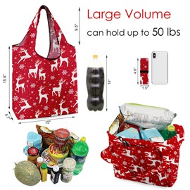 BeeGreen Christmas Reusable Shopping Bags with Zipper Storage Pouch 10 Pack Reusable Grocery Bags Bulk with Elastic Band Foldable-Machine Washable Grocery Tote Bags for Christmas Parties