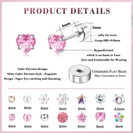 JeweBella 12/14Pairs Flat Back Earrings Stud Earrings for Women Girls Kids Surgical Steel Hypoallergenic Earrings Pearl Flower Heart CZ Cute Pink Earrings Set Screw Back Earrings Sleeper Earrings 20G