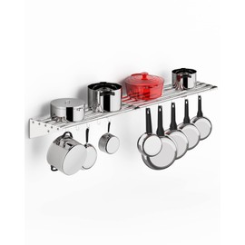 KYBOLT 12" x 60"Commercial Stainless Steel Wall Mounted Shelf with 10 Hooks for Hanging Pots and Pans - Ideal for Storage in Restaurants, Kitchens, Homes, and Hotels