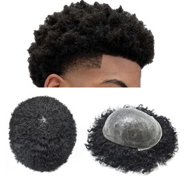 LYRICAL HAIR Hair Uints for Black Men Wave Kinky Curly Human Hair Full Poly Hairpieces African American Black Men Afro Toupee (8MM Afro Wave, 1# Jet Black)