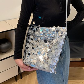 Octwine Shinny Silver Black Sequin Bag Bucket Purse Handbag Shoulder Bags Crossbody Bag Party Prom Crossbody Bag for Women, Silver