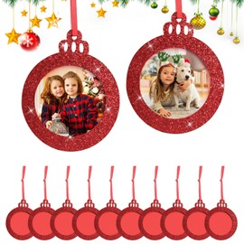 NHTJTHE Pack of 12 Christmas Photo Frame Ornament, Mini Felt Hanging Picture Frame, Small Picture Frame, Christmas Tree Hanging Ornament for Family, Xmas, Holiday, Party Decoration, Glitter (Red)