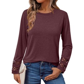 AUTOMET Womens Long Sleeve Fall Fashion Tops Ladies Casual Crewneck Loose Fit Outfits Lightweight Shirts Eyelet Tee 2025 WineRed S