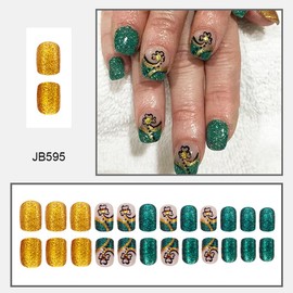 St Patrick Press on Nails Short Square Fake Nails Green Gold False Nails with Designs Gold Lucky Clover Full Cover Stick on Nails Glue on Nails St. Patrick's Day Acrylic Nails for Women Girls 24 Pcs