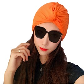 Lopsity Womens Swim Cap Bathing Cap Turban Long Short Hair Pleated Knotted Swimming Cap Soft Beanie Cap for Girls Women (Orange)