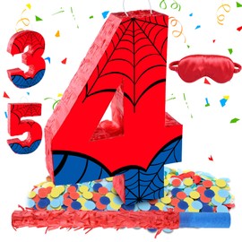 Spider Web Number 4 Pinata,Stick,Blindfold and Confetti Set,Spider Web Birthday Party Supplies,4th Birthday Party Decoration, 28 x 40 x 7cm (4th)