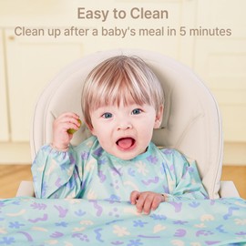 aijoo All-in-one Coverall Bib, Baby Feeding Bibs, Long Sleeve, BLW Bibs Covers baby and high chair (Mint Flower)