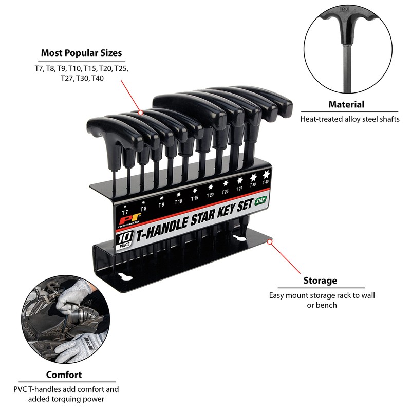 Performance Tool W80276 10-Piece Star T-Handle Allen Wrench Set, Long