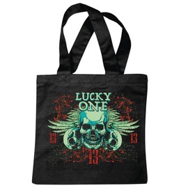 Reifen-Markt Tasche Umhängetasche LUCKY ONE SKULL BIKERSHIRT GOTHIC BIKE CLUB MC MOTORCYCLE CHOPPER CUSTOM MOTORRAD MOTORRADTREFFEN CLUB TREFFEN Einkaufstasche Schulbeutel Turnbeutel in Schwarz