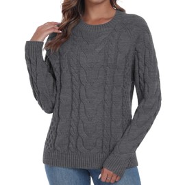 QIXING Womens Cable Knit Jumper Classic Crew Neck Sweater Elegant Long Sleeve Textured Knitwear for Women UK(Dark Gray, L)