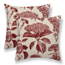 Burgundy Red Floral Pillow Covers 18 x 18 Inch Set of 2 Vintage Hydrangea Herbs Botanical Decorative Throw Pillow Covers Linen Square Vintage Outdoor Flower Decor Pillowcase for Home Couch Sofa